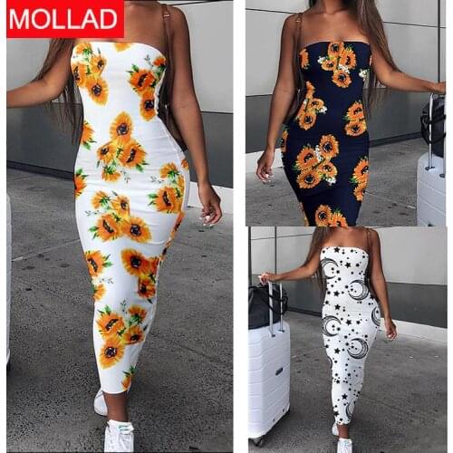 Europe and America Cross Border Summer Hot Sunflower Print Sleeveless Bandeau Sexy Long Dress