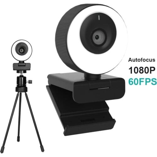 Full HD 1080P Webcam 60FPS Autofocus Web Camera With Microphone Ring Light Mac PC Computer Camera Cover USB Web Cam Tripod Stand