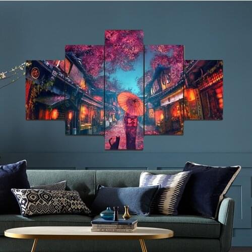Japanese Anime Styles Kimono Girl 5 Piece Wall Art Canvas Painting Home Decor Modular Pictures Modern Living Room Decor Cuadros