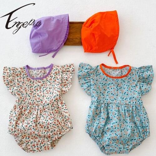 Engepapa Infant Baby Girls Cotton Flying Sleeve Flowers Jumpsuit+Hat Newborn Baby Girls Clothes Summer Toddler Baby Girl Rompers
