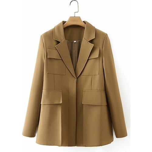 Nice Vintage Woman Camel Pocket Blazer Coat New Vogue Ladies Autumn TurnDown Collar Jacket Female Chic Solid Color Outerwear