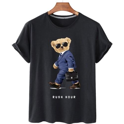 Handsome Business Bear Print Cotton Short-sleeved O-neck Loose Top Casual T-shirt Ladies Oversized T-shirt Men And Women S-3XL