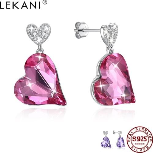 LEKANI 925 Sterling Silve Earrings For Women Romantic Heart Austria Crystal Stud Earring Anniversary Gifts Simple Fine Jewelry