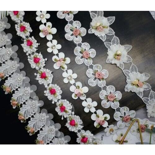 50cm 3D Mini Ribbons Rose Floral Bow Lace Trim White Sewing On Wrapping Wedding Dress Trims Home Textile Sewing Accessories DIY