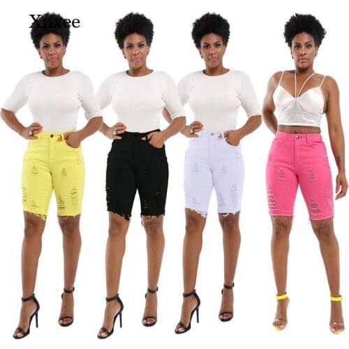 Summer Solid High Waist Jeans Half Pants Sexy Tight Pencil Shorts Ripped Hole Denim Leggings Womens Fashion Casual Plus Size