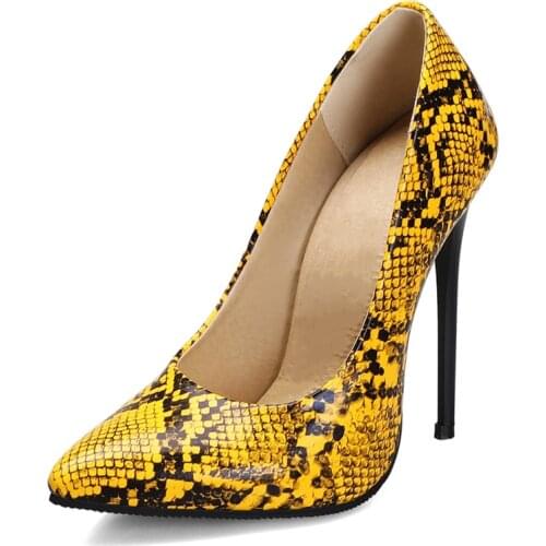 Fashion 12cm High Heels Pumps Shoes Woman Green Yellow Snake Print Womens Heels Party Office Shoes Female Large Size 45 47
