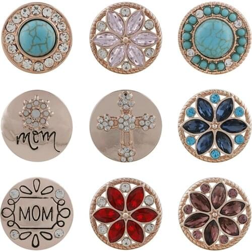 MOM Cross Rhinestone Flower 20mm Metal snap button jewelry DIY bracelet KD1054