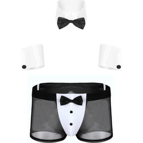 Men Lingerie Set Adult Dancer Costume Accessories Bowknot Collar Cuff with Mesh Boxer Shorts Back Rabbit Ear Underwear Nightwear