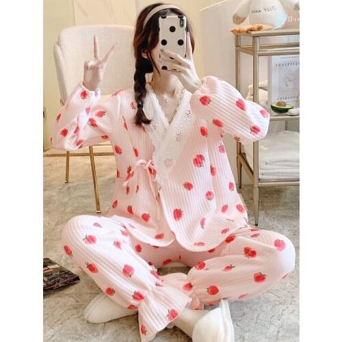 Autumn new pajamas double crepe gauze pregnant women long-sleeved suit confinement clothing casual soft home service cotton