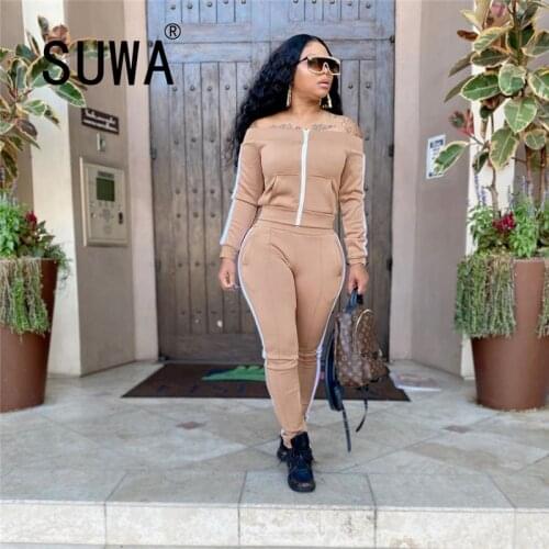Off Shoulder Long Sleeve Zipper Slim Fit Jacket Top and Skinny Trousers Streetwear Active Wear Workout 2 Piece Sweat Suit