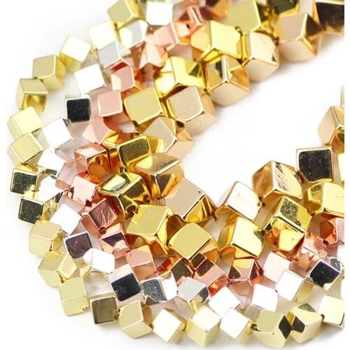 Rose Gold Silvers Diagonal Cube Hematite Natural Stone Square Spacer Loose Beads For Jewelry Making Diy Bracelets Necklace 4/6MM