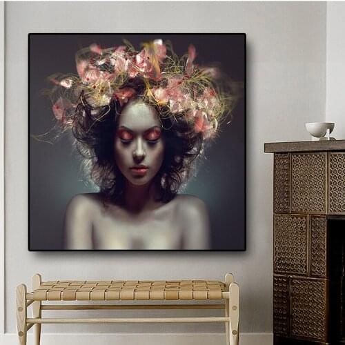 Nordic Style Beauty Flower Girl Canvas Painting Scandinavian Postmodern Posters and Prints Wall Pop Art Picture for Living Room