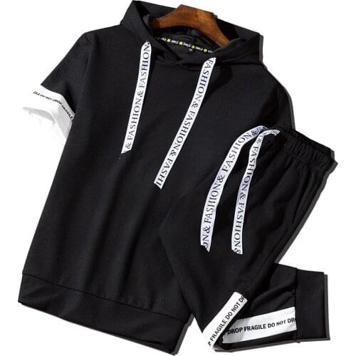 Sets Tracksuit Men Spring Summer Hooded Short Sleeve Sweatshirt Drawstring Sportswear 2021 Male Suit Pullover 2-Piece Set Casual