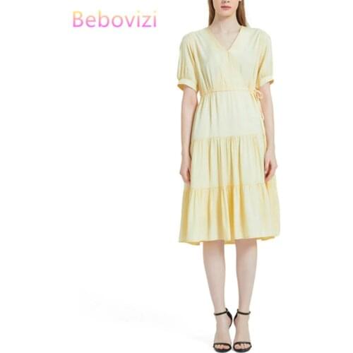High Quality Solid Color Pink Yellow V-neck Summer woman 2020 Midi Dress Elegant Korean Style Waist A-line Dresses