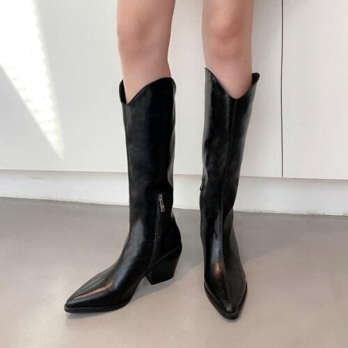 Spring Autumn Fashion Female Long Boots Zipper Comfortable Square High Heels Large Size Womens Shoes Ladies PU Knee High Boots