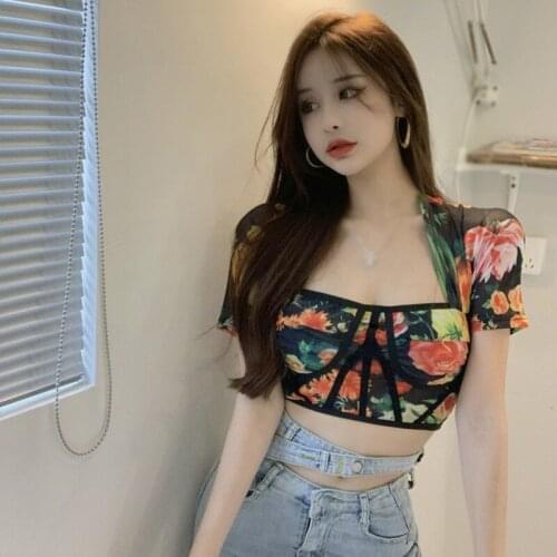 Women Square Collar Floral Print T-Shirts Slim Sexy Short Sleeves Casual Female Short Tee Top