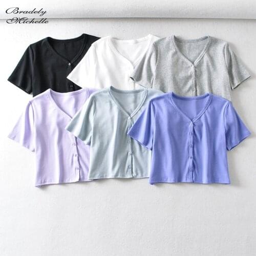 Spring and summer women sexy crop tops cardigan Solid short-sleeve knit cotton skinny T - shirt