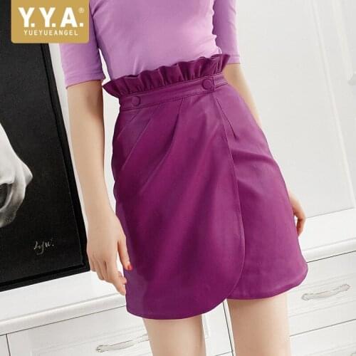 Women Ruffle Bow High Waist Short Skirts Fashion Sweet Real Leather Wrap Skirts Office Lady Slim Fit Sheepskin Purple Skirt