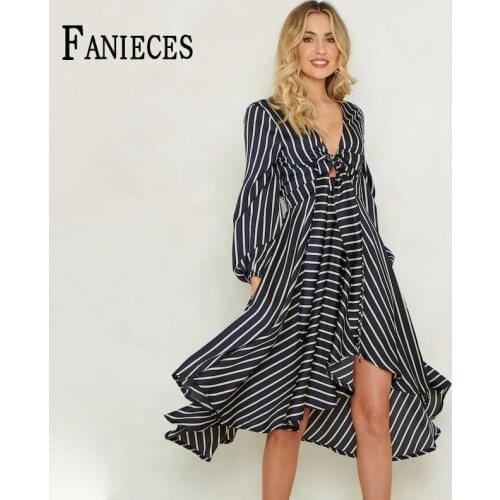 Autumn New Women A-Line Dresses V-neck Hollow Long-Sleeved Striped Asymmetrical Loose Female Midi Dress Bohemian Casual Vestido