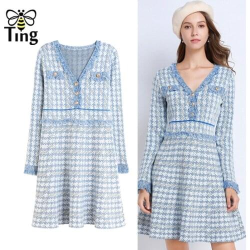 Tingfly Winter Autumn Fashion Chic Vintage Lady Knitted Dress V neck Houndstooth Button Dress Casual Knitting A line Dress Tasse