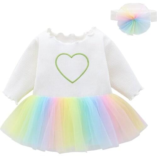 2021 Spring Long Sleeve Princess Cotton Newborn Baby Girl Dress 1 Year Rainbow Girls Birthday Dresses Clothes