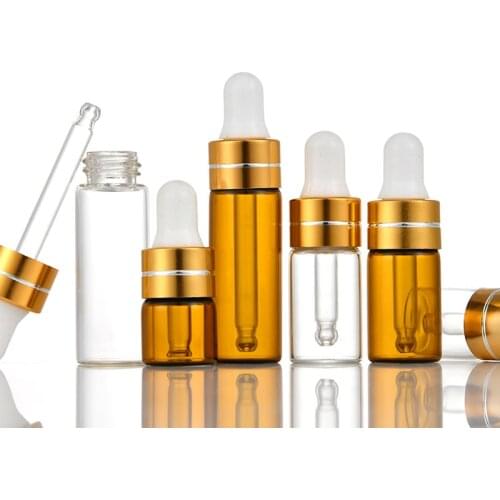 50pcs 1ml 2ml 3ml 5ml Empty Dropper Bottle Amber essential oil Glass Brown Drop for massage Cosmetic Pipette Bottles Refillable