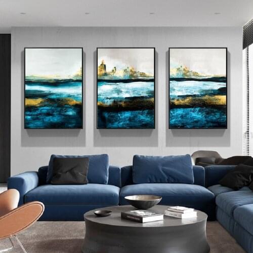 Abstract Oil Texture Poster Landscape Golden Mountain Lake Wall Art Print Canvas Painting Contemporary Interior Home Decoration