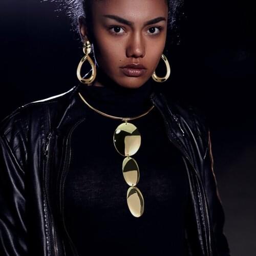 Big Long Pendants Necklace Earrings Set African Jewelry Sets For Women Gold Silver Color Metal Geometric Choker Necklace UKMOC