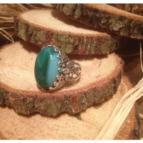 LARGE MIDDLE ROUND DARK GREEN STONE CHIC STONE PATTERNED ORNAMENTAL CHARISM RING 925 SILVER Muslim Ring
