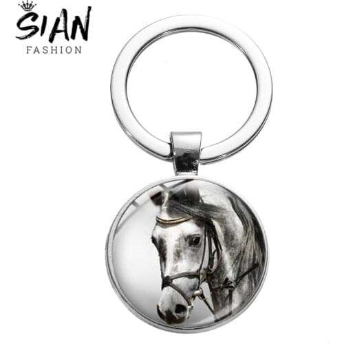 SIAN White Horse Art Photo Keychain Animal Theme Glass Crystal Silver Plated Key Ring for Men Women Horse Lovers Handmade Gifts
