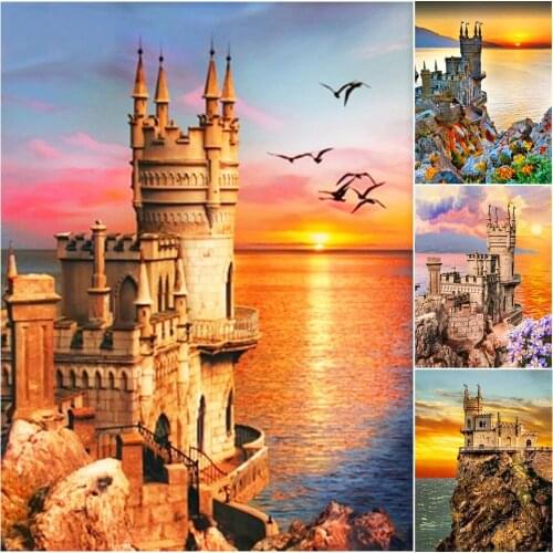 DIY Diamond Painting Castle Building Landscape Sunset Sea Kit Diamond Embroidery Mosaic Picture of Rhinestones Home Decor Gift