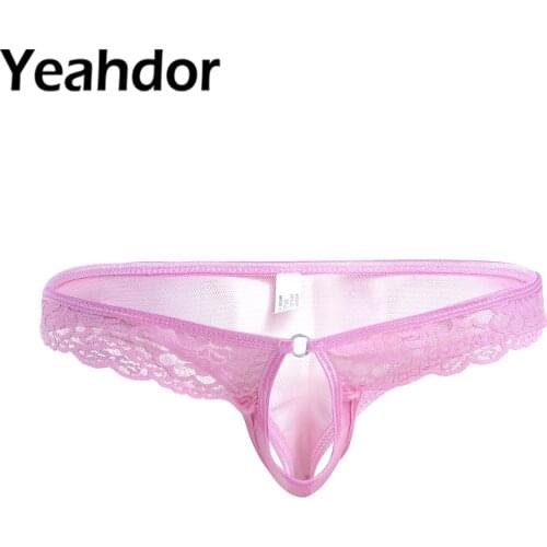 Men Sexy See Through Lingerie Underwear Solid Color Lace Mesh Erotic Crotchless Briefs Bikini Panties Underpants with Penis Hole