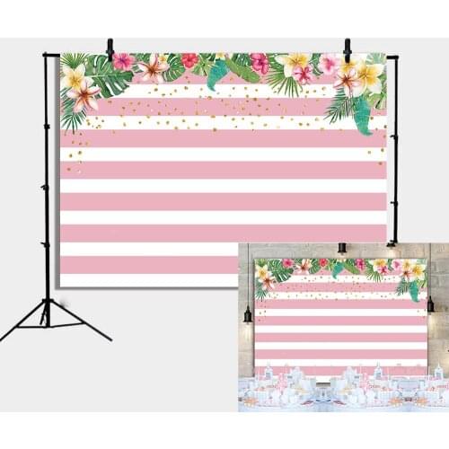 Pink and White Stripes Flowers Party Backdrop Green Leaf Birthday Photo Background Bridal Shower Wedding Decor for Photography