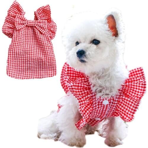 Cute Plaid Dog Clothes Flying Sleeve Dog Shirt With Big Bowknot Cat Sweatshirt Vest Dress For Small Dogs Chihuahua Pets Clothing