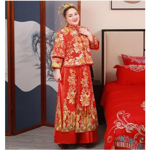 Oversize 4XL 5XL 6XL Bride Costume Chinese Traditional Wedding Dress fat bride phoenix Embroidery coronet robes for 100KG Lady