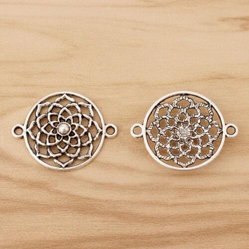 20 Pieces Tibetan Silver Open Filigree Flower Round Connector Charms Pendants for DIY Bracelet Necklace Jewellery Making 28x21mm