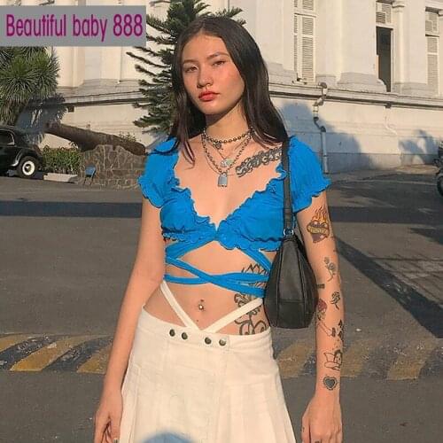 Meqeiss summer Solid sexy bandage Cross bandage crop tops T-shirt hot French romantic style Casual tee ladies Street clothing