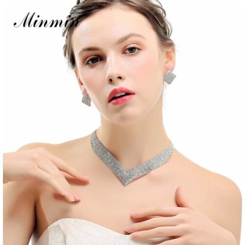 Minmin Classic Silver Color Crystal Bridal Wedding Jewelry Sets Geometric Shape Rhinestone Necklace Sets for Party Prom MTL475