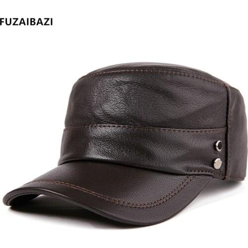 FUZAIBAZI Trend Genuine Leather Hat Man Autumn Winter Fashion First Layer Sheepskin Military Hats Adjustable Size New Brands Cap