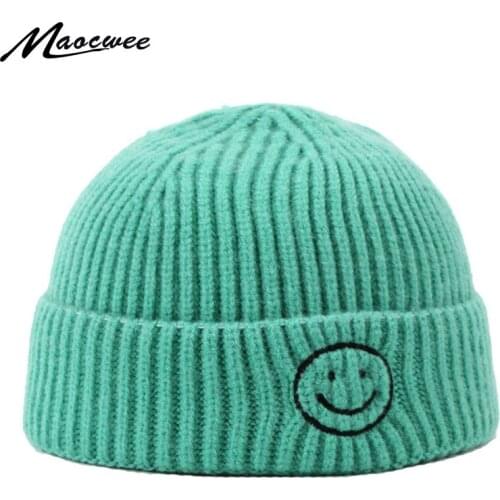 Fashion Skull Cap Solid Color Knitted Skullies Beanies Men Women Smiley Face Pattern Hip Hop Hat New Autumn Winter Knit Warm Cap