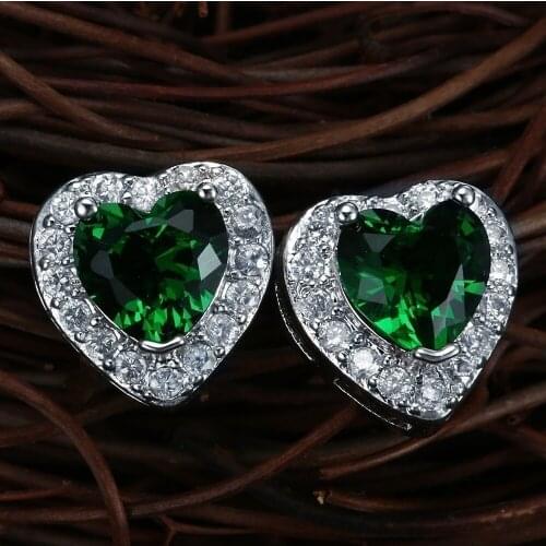 Fashion Red /Green Heart Cut Zircon White Gold Filled Cocktail Stud Earrings for Gifts