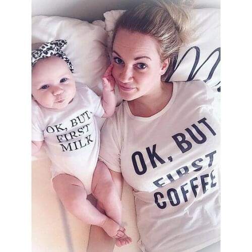 Mommy and Me Summer Casual Family Matching Tshirts Outfits Ok But First Milk & Ok But First Coffee Mom and Daughter Son Shirts