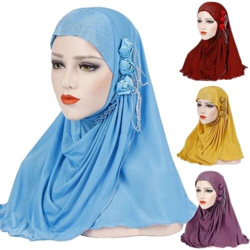 9Colors Rhinestone Muslim Arab Long Soft Hijab Sunblock Hat Flower Tassel Islamic Scarf Shawl Wrap Headscarf Fashion Accessory