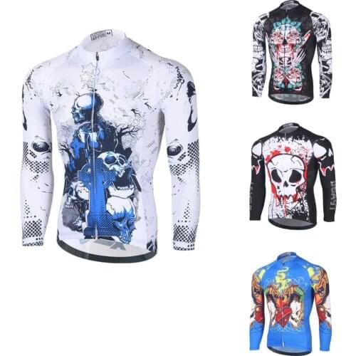 Skull Mens Long Sleeve Cycling Jersey Bike Jersey Top Mountain Bike MTB Road Bike Cycling Breathable Quick Dry Sports Clothing