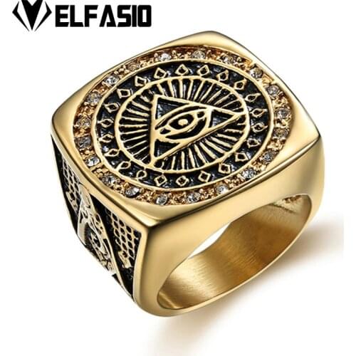 Mens Stainless Steel Gold Ring Illuminati The All-seeing-eye illunati pyramid/eye symbol Hip hop Jewelry Size 8-13