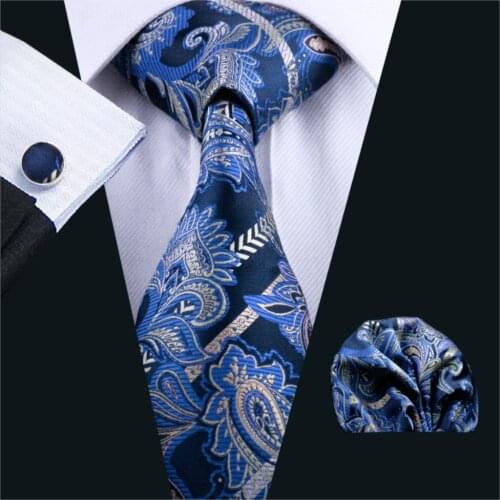 FA-613 Mens Tie Blue Paisley Silk Jacquard Neck tie Tie Hanky Cufflinks Set Ties For Men Business Wedding Party Free Shipping