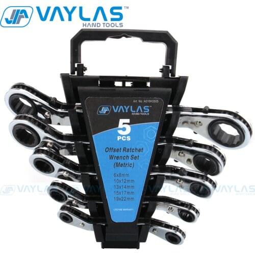 5 Pcs Offset Ratchet Wrench Key Set Reversible Metric and SAE Ring Spanner Double Head End Ratcheting Wrench off Set Hand Tools