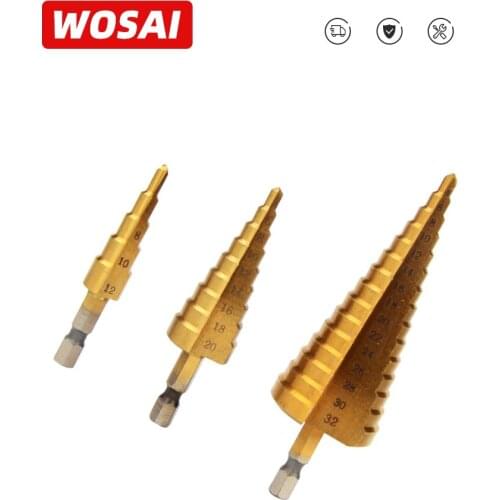 WOSAI 3pcs Hss Step Drill Bit Set Cone Hole Cutter Taper Metric 4-12/ 20/ 32mm 1/4" Titanium Coated Metal Hex Core Drill Bits