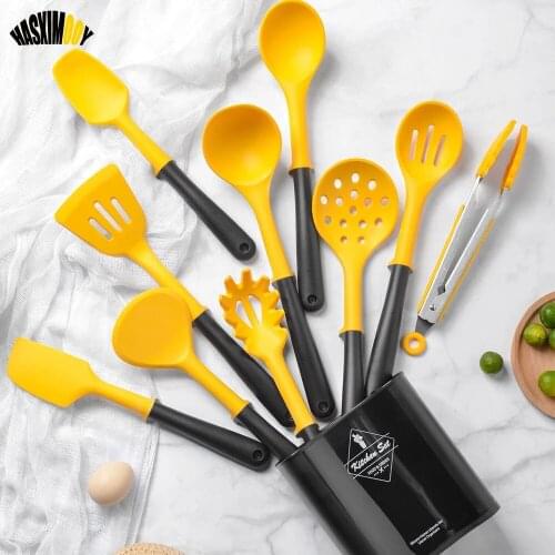 11Pcs Yellow Silicone Cooking Utensils Set Spatula Soup Spoon Eggbeater Cooking Tools With Storage Box Kitchen Accessories