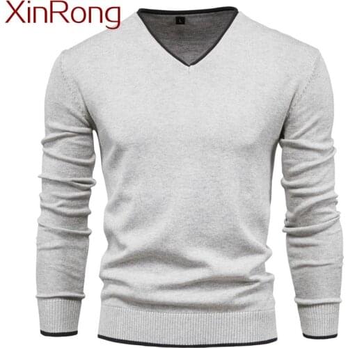 2021 new style cotton pullover V-neck mens sweater fashion solid color high quality winter slim warm mens sweater navy sweater